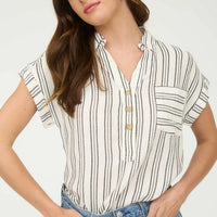 Stripe Half Button Collared Short Sleeve Shirt