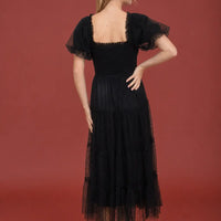 Polka Dot Tulle Puff Sleeve Smocked Tiered Midi Dress