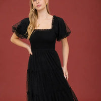 Polka Dot Tulle Puff Sleeve Smocked Tiered Midi Dress