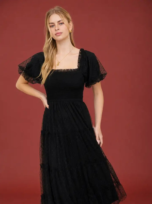 Polka Dot Tulle Puff Sleeve Smocked Tiered Midi Dress