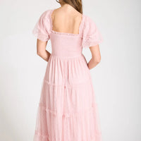 Polka Dot Tulle Puff Sleeve Smocked Tiered Midi Dress