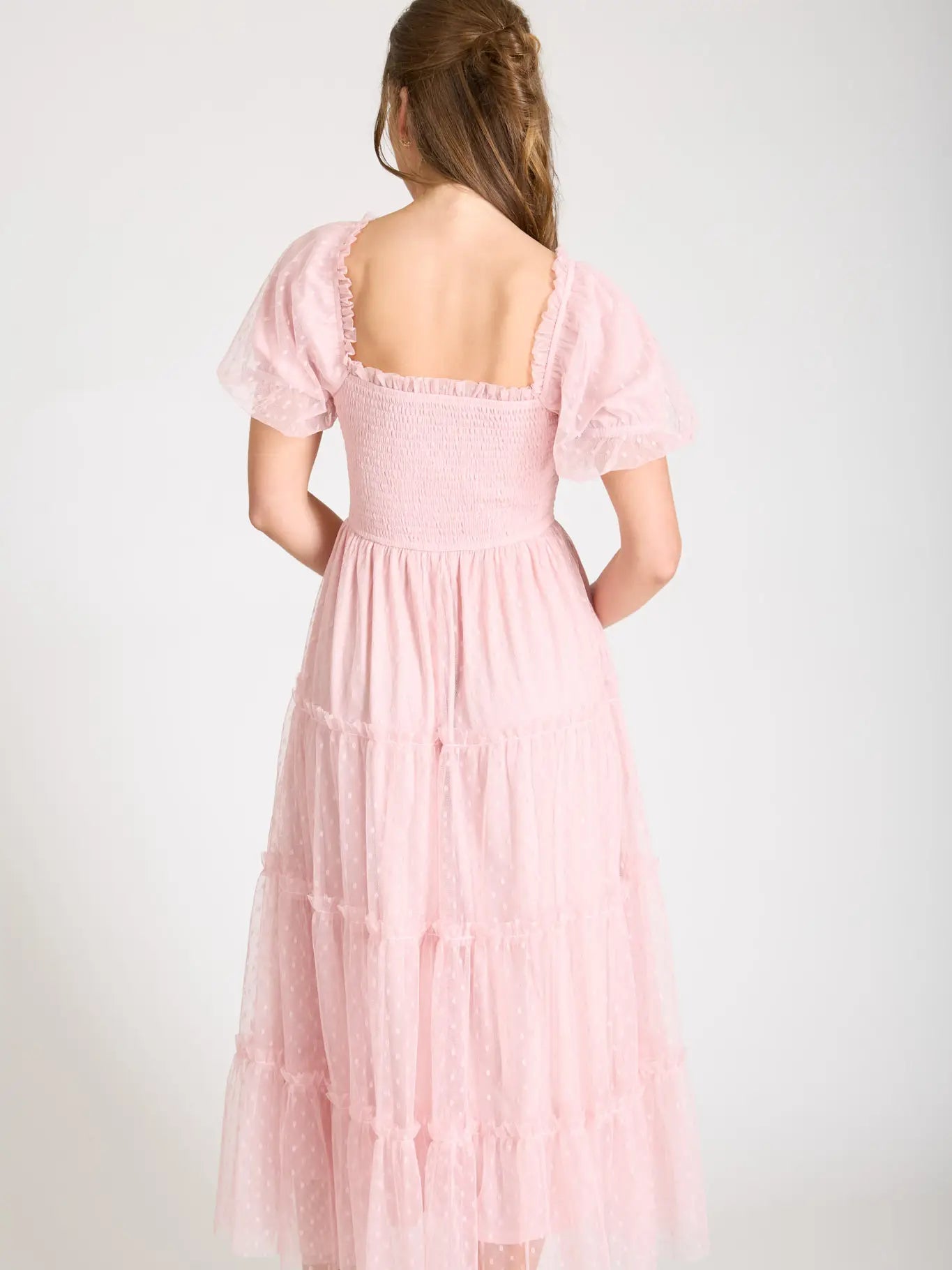 Polka Dot Tulle Puff Sleeve Smocked Tiered Midi Dress
