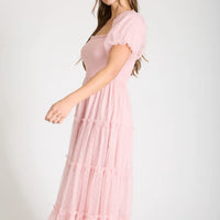 Polka Dot Tulle Puff Sleeve Smocked Tiered Midi Dress