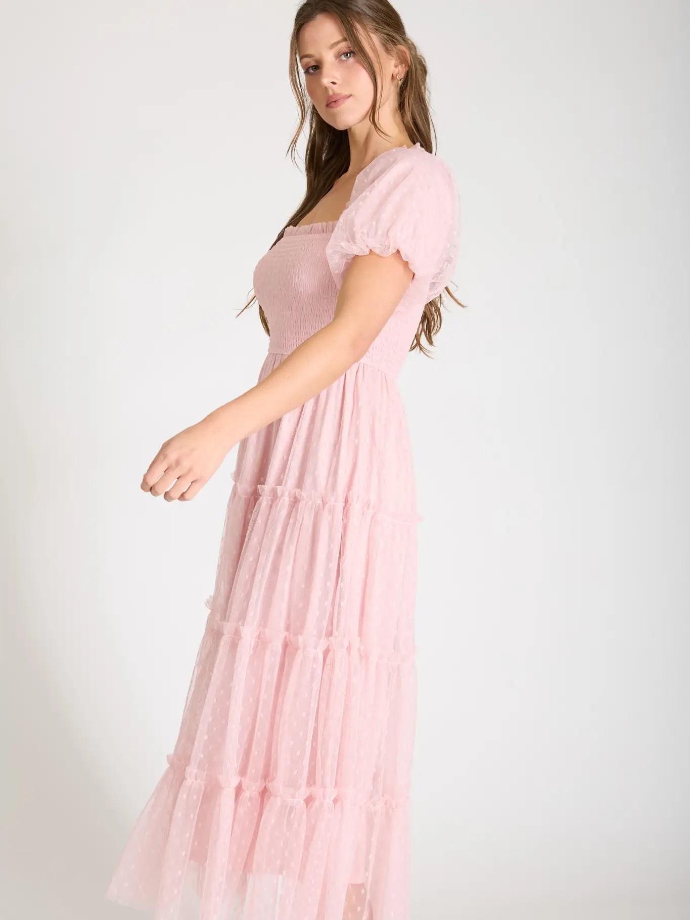 Polka Dot Tulle Puff Sleeve Smocked Tiered Midi Dress