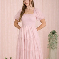 Polka Dot Tulle Puff Sleeve Smocked Tiered Midi Dress