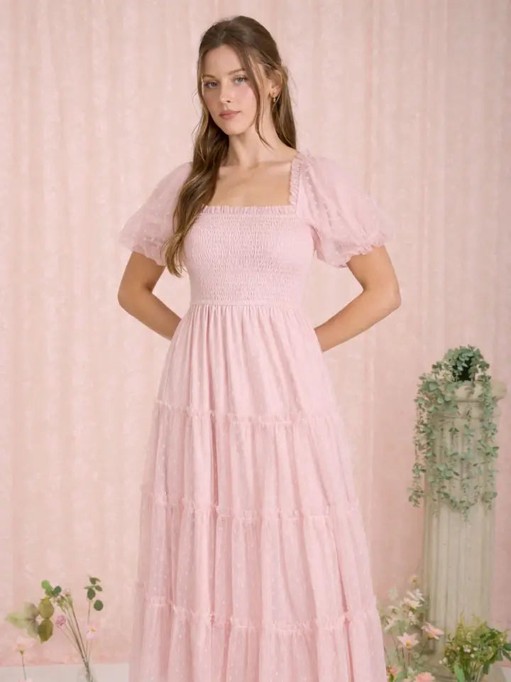 Polka Dot Tulle Puff Sleeve Smocked Tiered Midi Dress