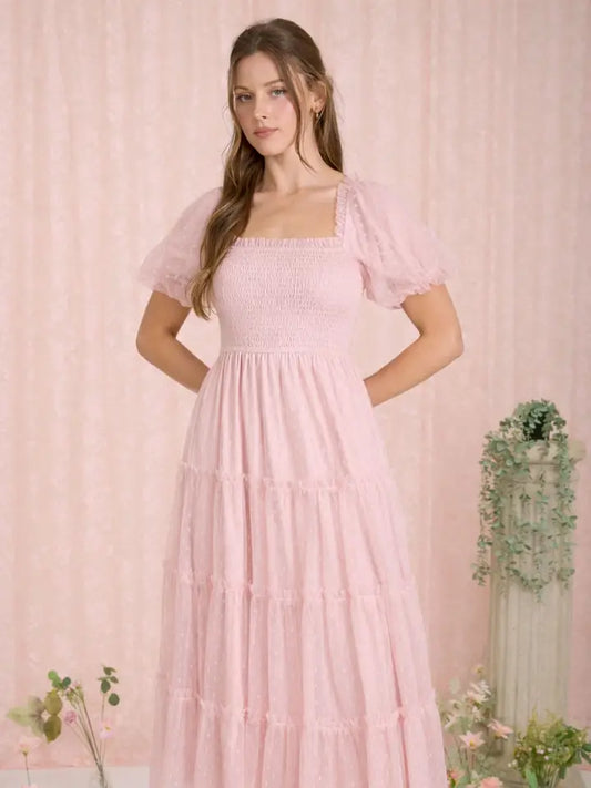 Polka Dot Tulle Puff Sleeve Smocked Tiered Midi Dress