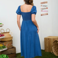 Puff Sleeve Smocked Front Tie Midi Dress