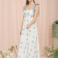 Floral Tile Pattern Scalloped Tie Strap Midi Dress