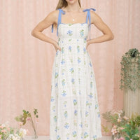 Floral Tile Pattern Scalloped Tie Strap Midi Dress