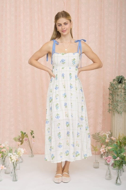 Floral Tile Pattern Scalloped Tie Strap Midi Dress