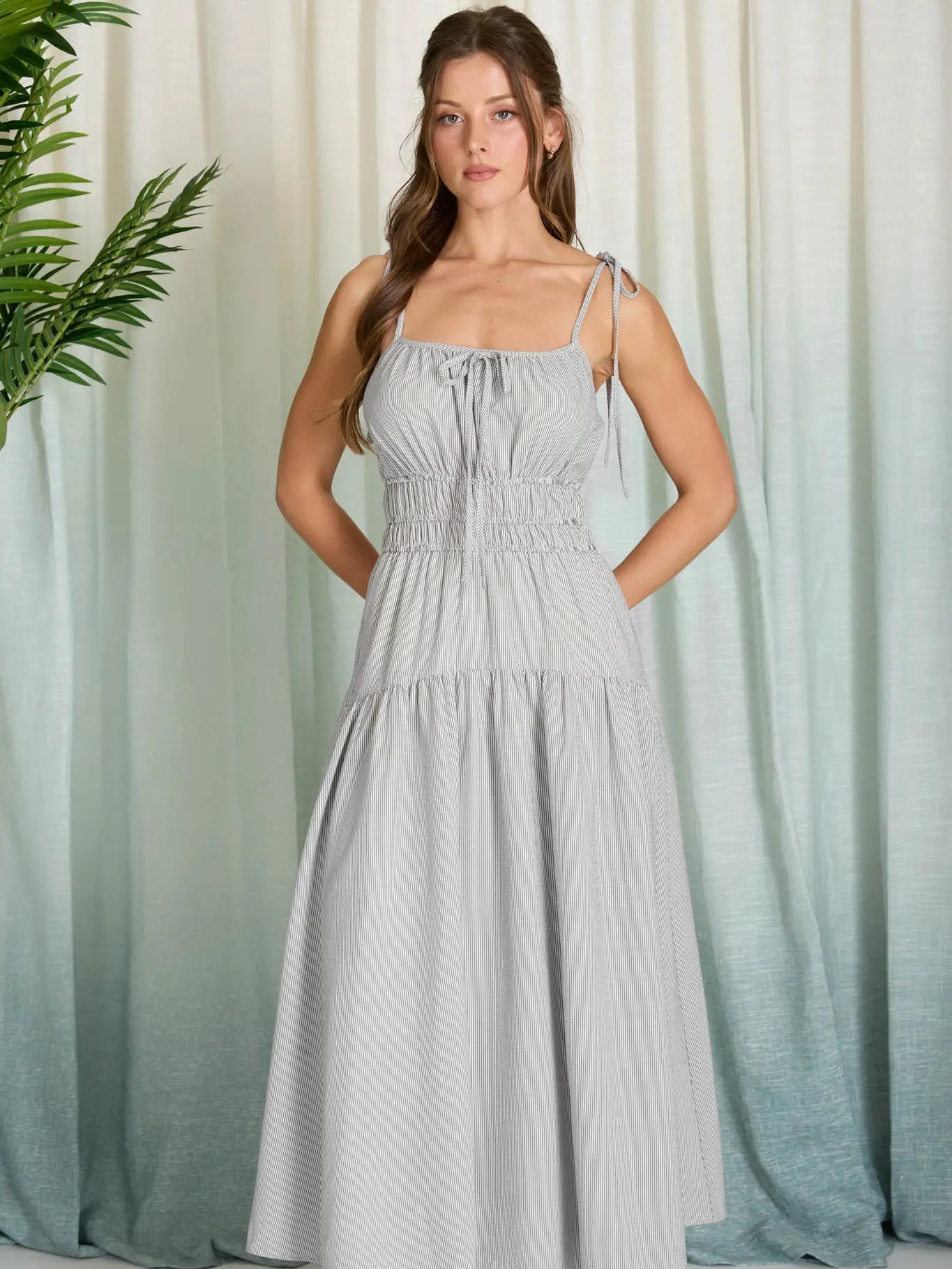 Stripe Spaghetti Strap Longline Midi Dress