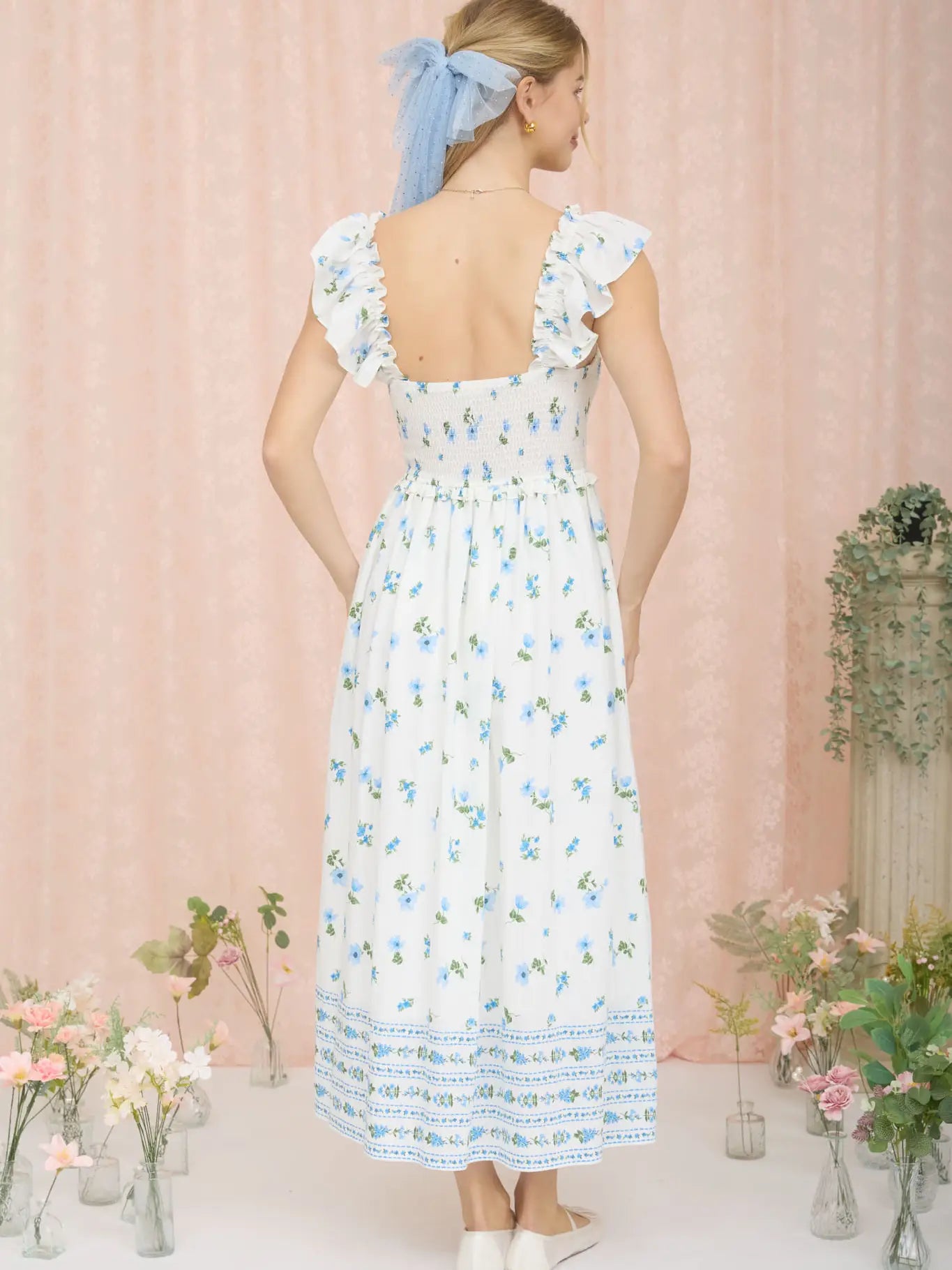 Floral Smocked Ruffle Detail Sleeveless Midi Dress