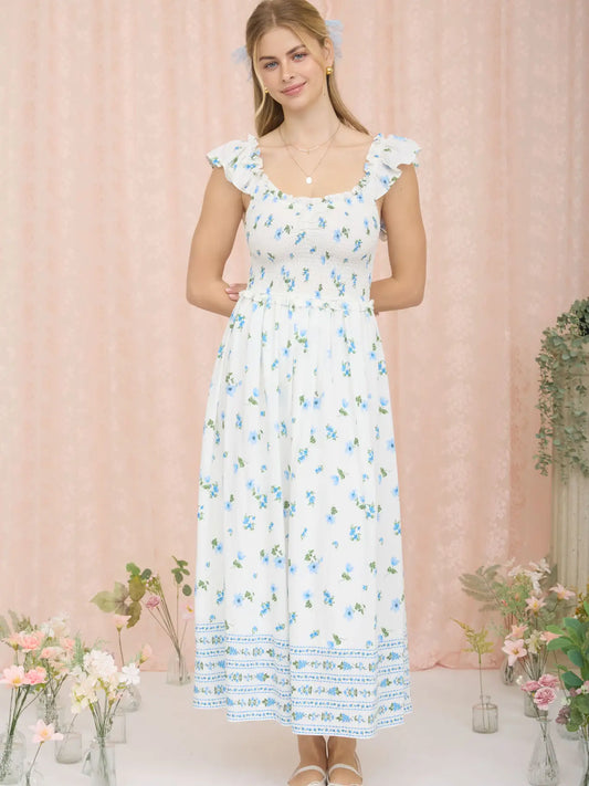 Floral Smocked Ruffle Detail Sleeveless Midi Dress