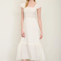 Mock Button Down Smocked Ruffle Detail Midi Dress