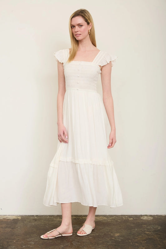 Mock Button Down Smocked Ruffle Detail Midi Dress