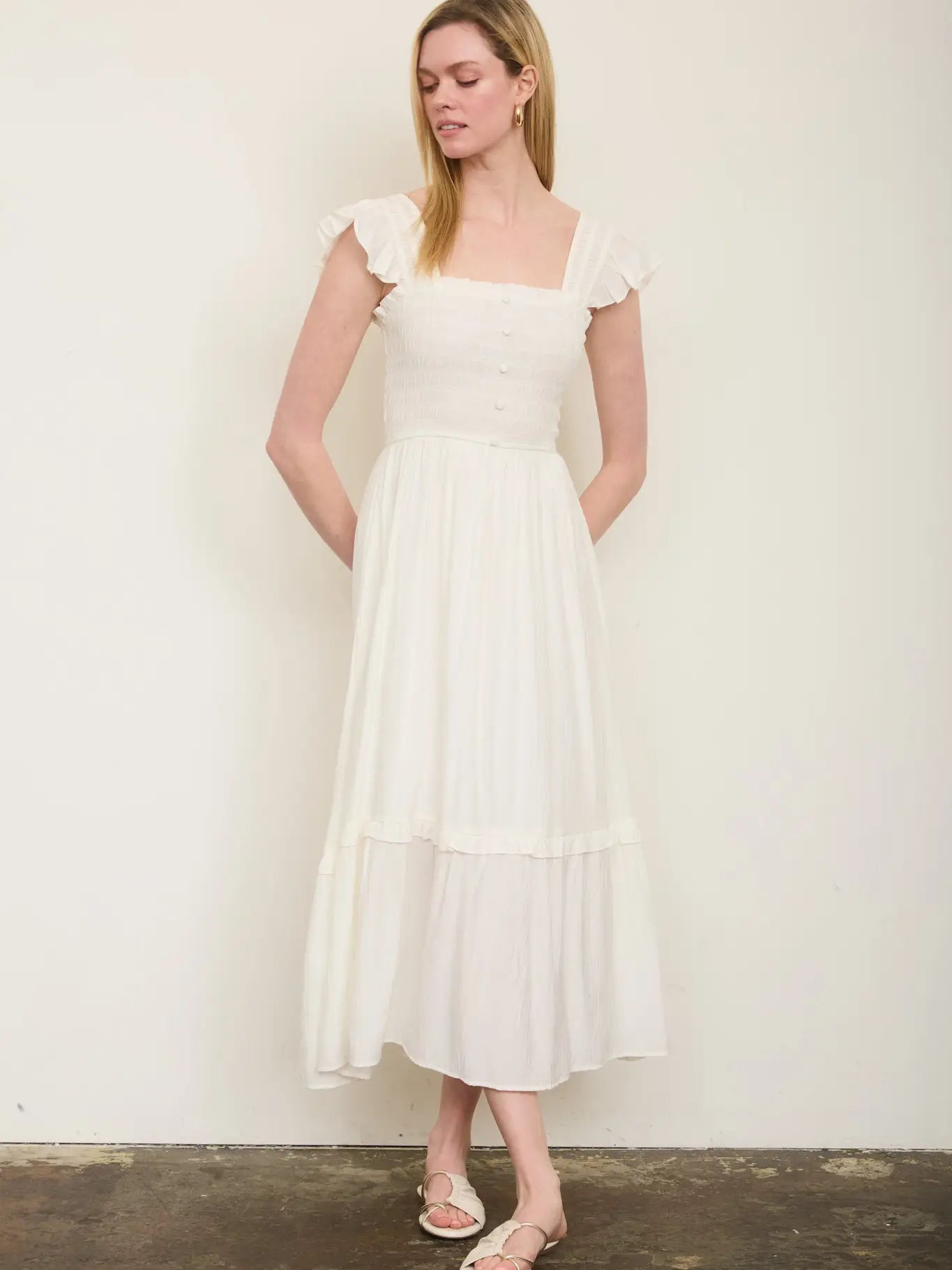 Mock Button Down Smocked Ruffle Detail Midi Dress