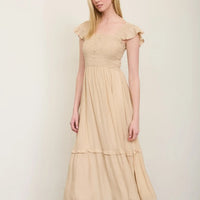 Mock Button Down Smocked Ruffle Detail Midi Dress