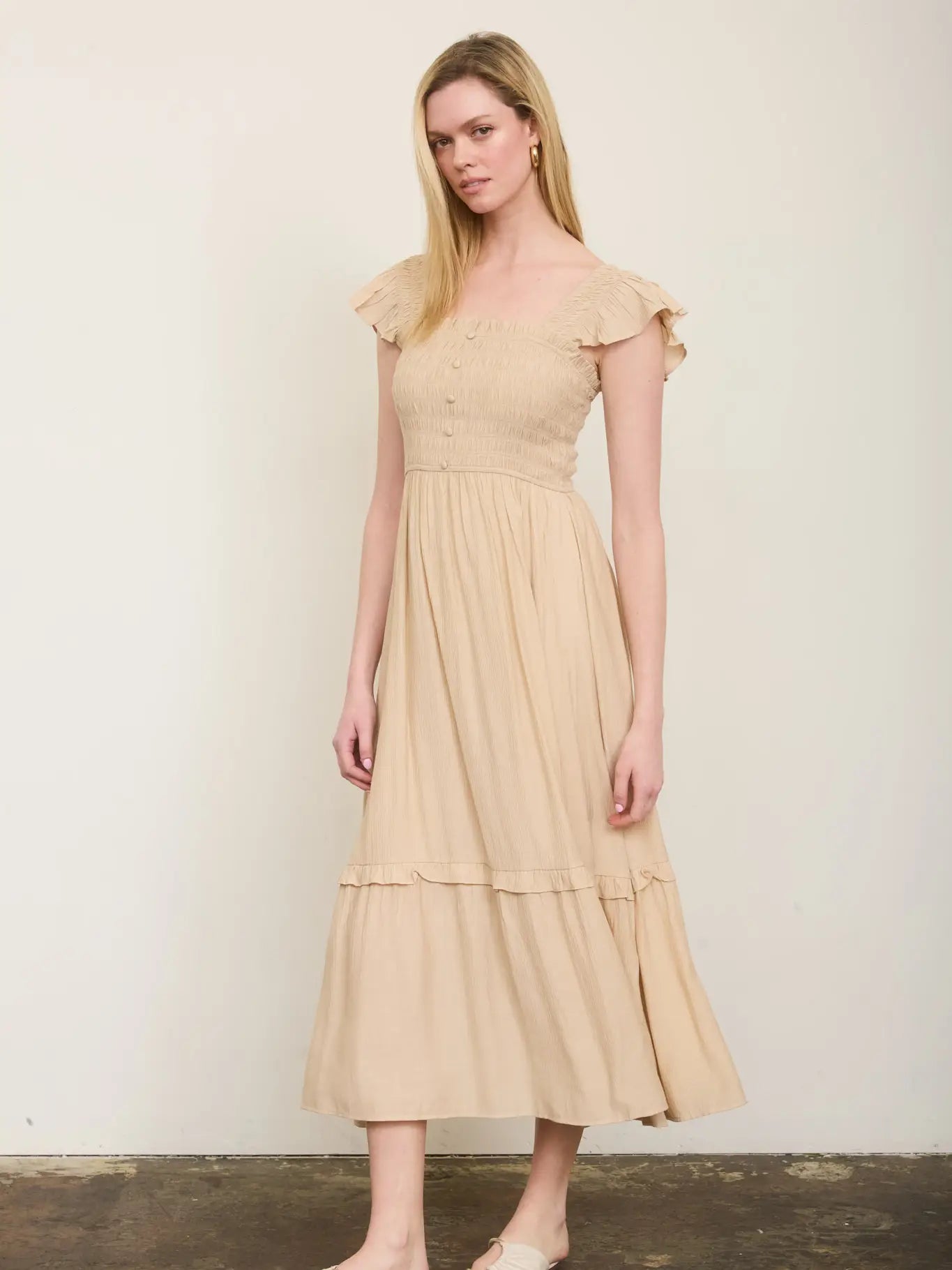 Mock Button Down Smocked Ruffle Detail Midi Dress