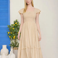 Mock Button Down Smocked Ruffle Detail Midi Dress