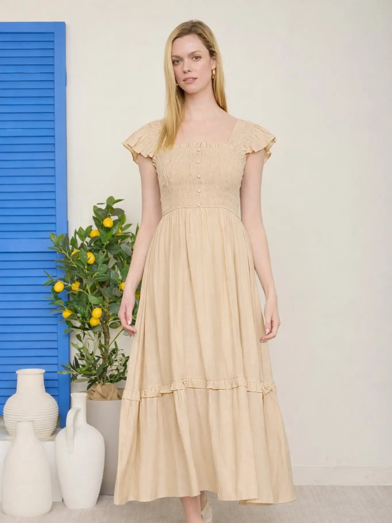 Mock Button Down Smocked Ruffle Detail Midi Dress