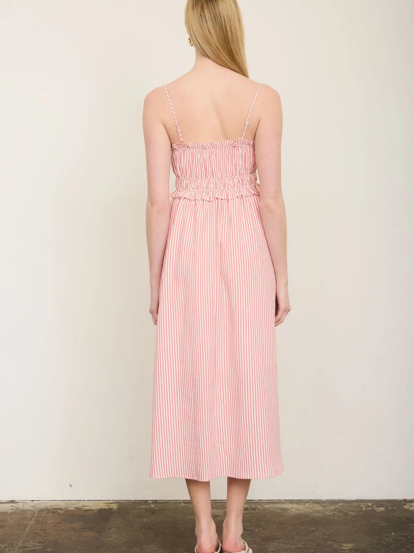 Stripe Spaghetti Strap Keyhole Ruffled Midi Dress