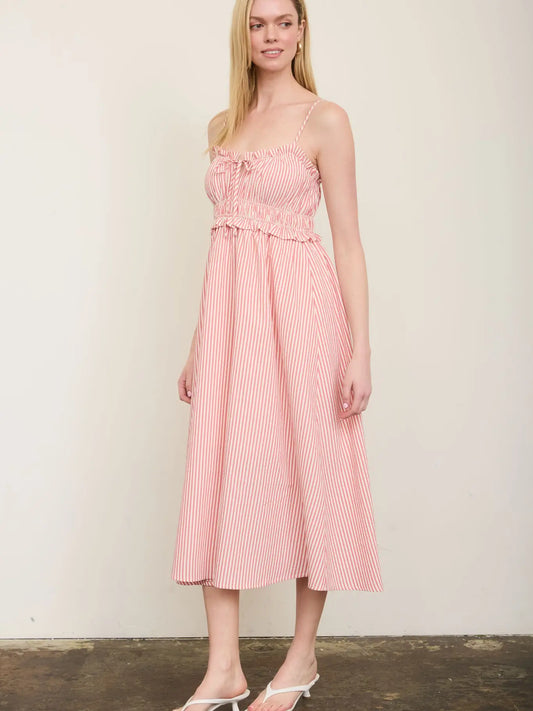 Stripe Spaghetti Strap Keyhole Ruffled Midi Dress