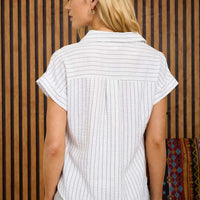 Stripe Collared Short Cuff Sleeve Half Button Top