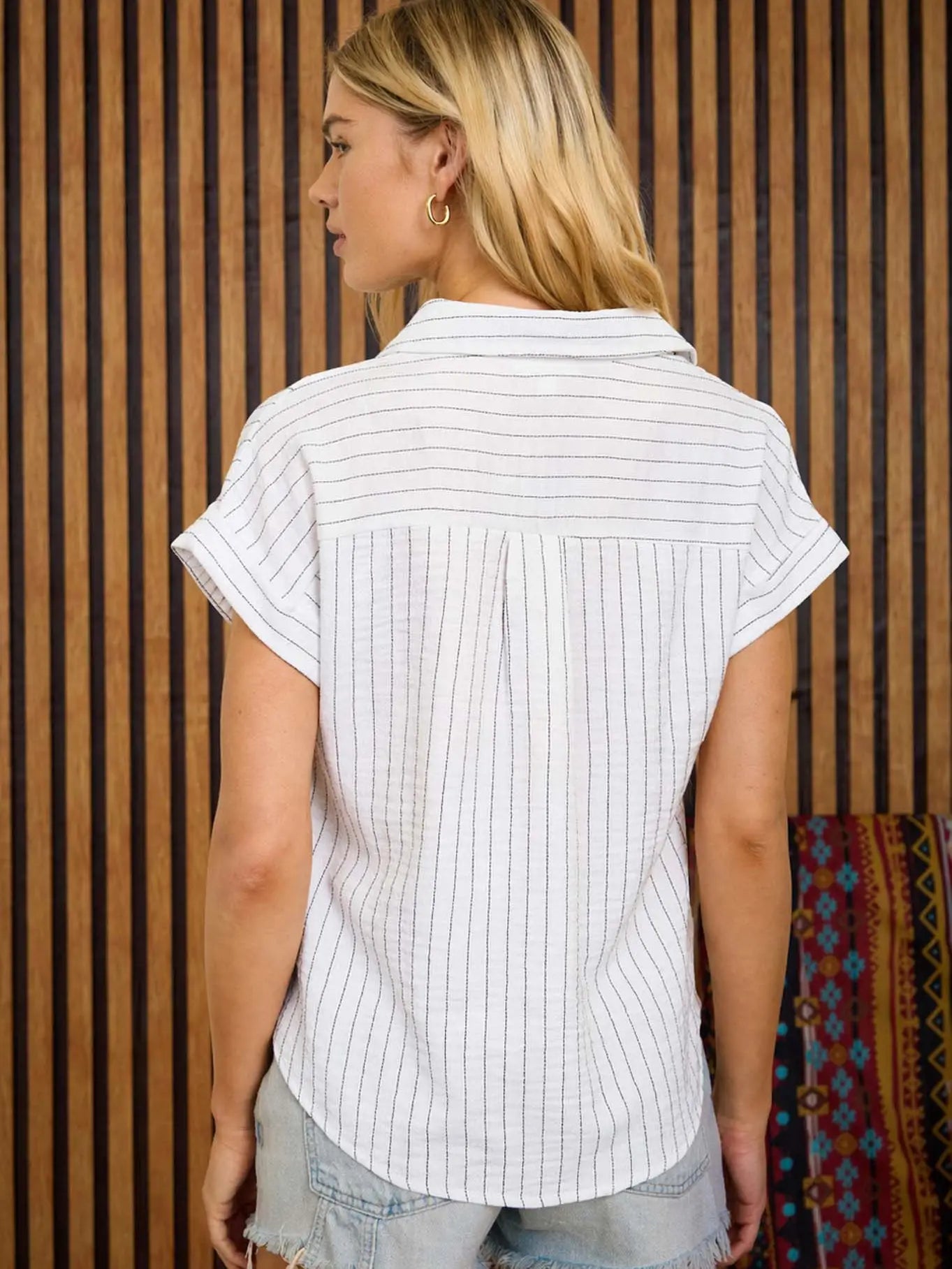 Stripe Collared Short Cuff Sleeve Half Button Top