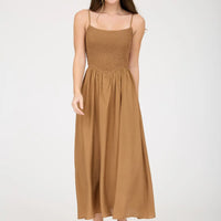Smocked Basque Waist Spaghetti Strap Midi Dress