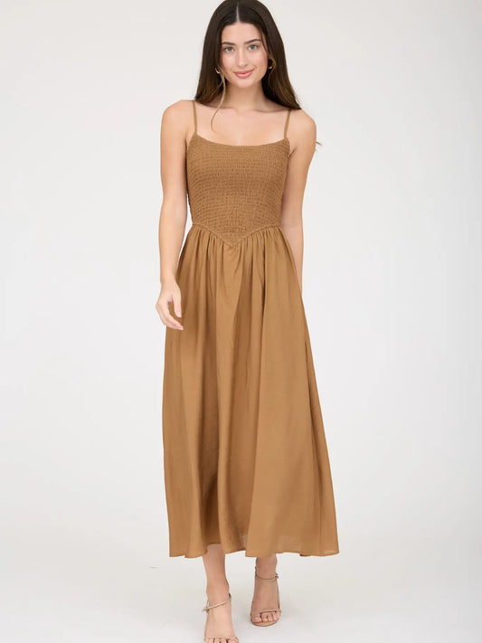 Smocked Basque Waist Spaghetti Strap Midi Dress