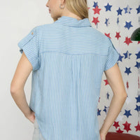 Stripe Collared Pocket Detail Chambray Top
