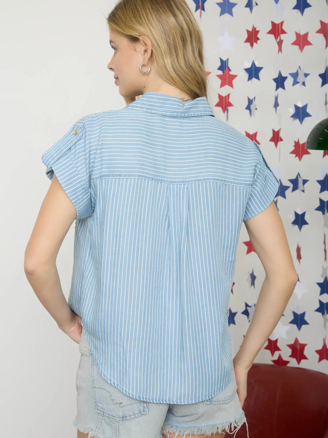 Stripe Collared Pocket Detail Chambray Top