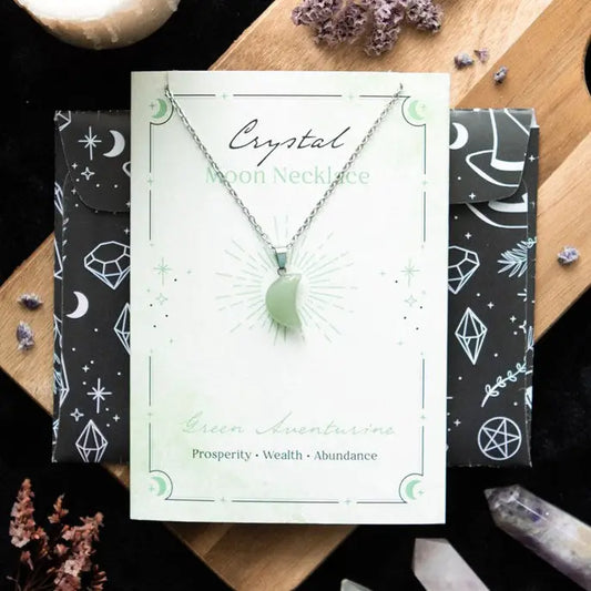 Green Aventurine Crystal Moon Necklace On Greeting Card