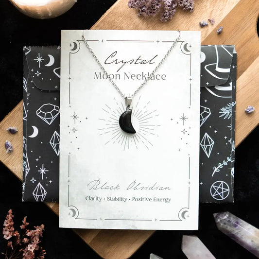 Black Obsidian Crystal Moon Necklace On Greeting Card