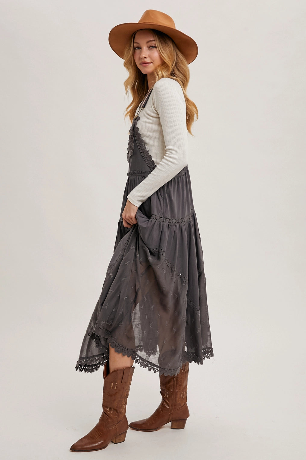 Lace Embroidered Tulle Bib Maxi Dress