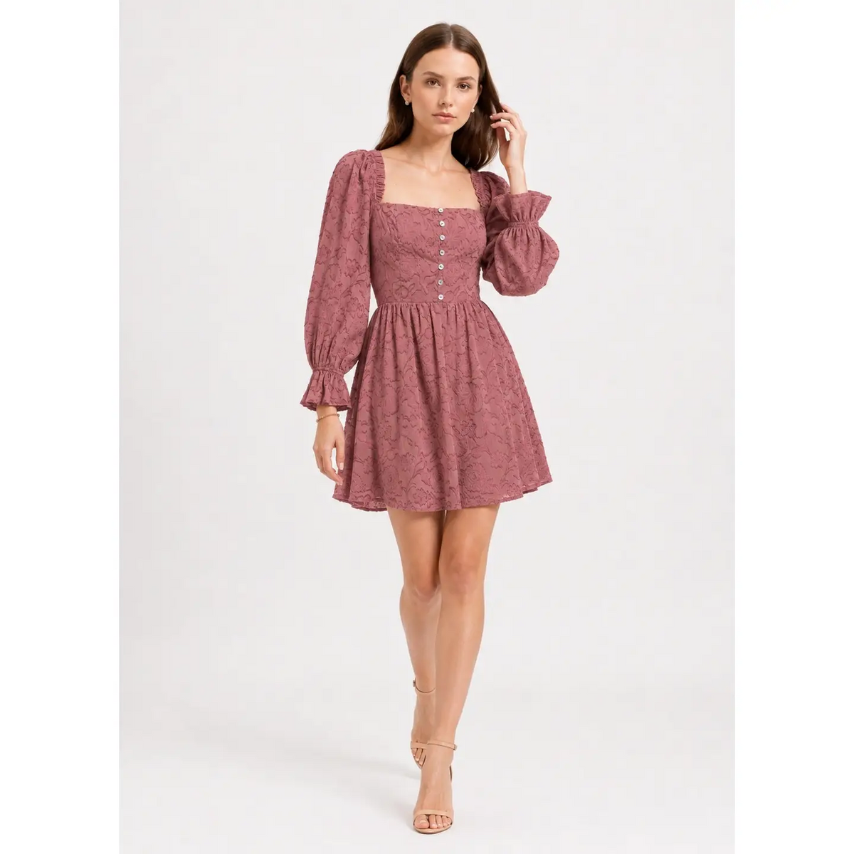 Jacquard Square Neck Long Sleeve Flare Mini Dress