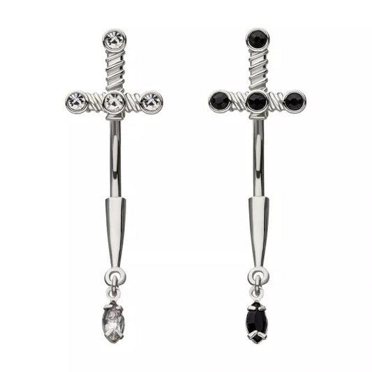 Dagger Through Navel With Dangle Gem