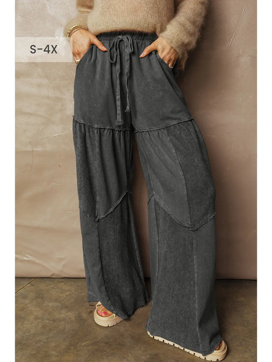 Mineral Wash Tiered Wide Leg Patchwork Drawstring Pants