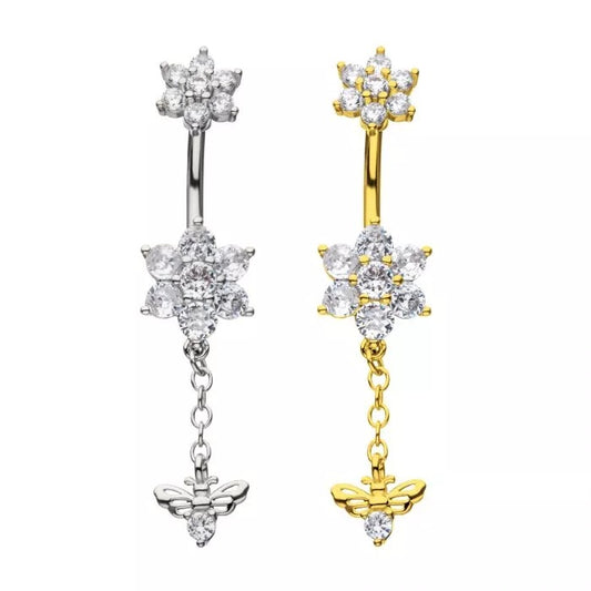 Double Flower With Bee Dangle Navel
