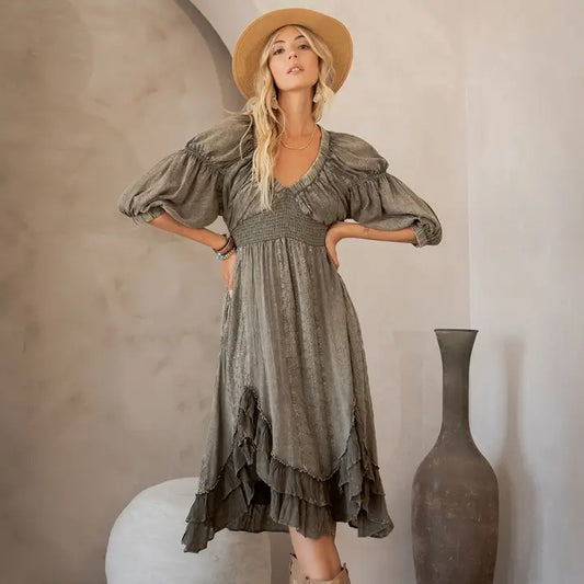 Sheared & Elasticated V-Neck Dress