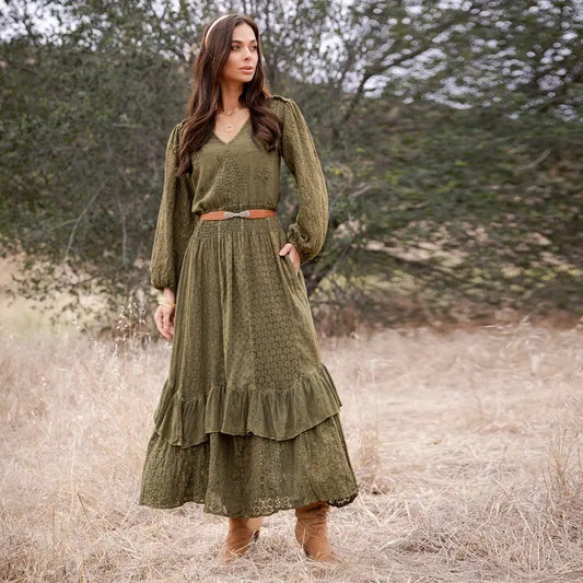 Embroidered Smocked Waist Ruffle Hem Maxi Dress