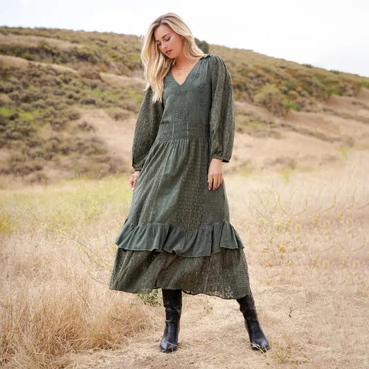 Embroidered Smocked Waist Ruffle Hem Maxi Dress