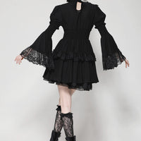 Lace Mock Neck Ruffle Bell Sleeve Dress