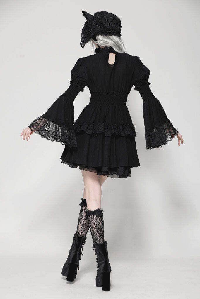 Lace Mock Neck Ruffle Bell Sleeve Dress
