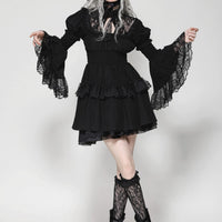 Lace Mock Neck Ruffle Bell Sleeve Dress