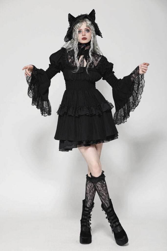 Lace Mock Neck Ruffle Bell Sleeve Dress