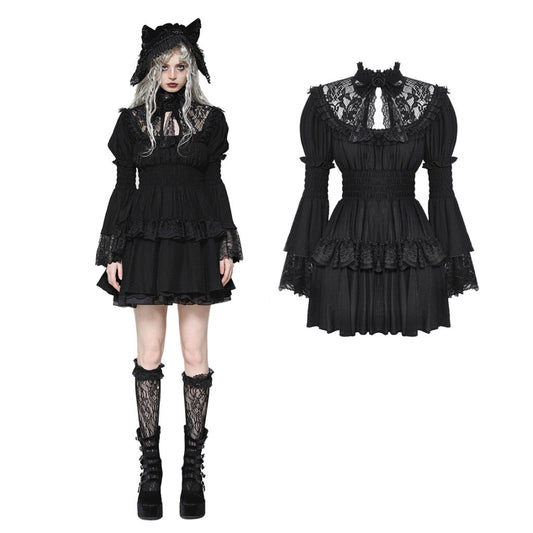 Lace Mock Neck Ruffle Bell Sleeve Dress