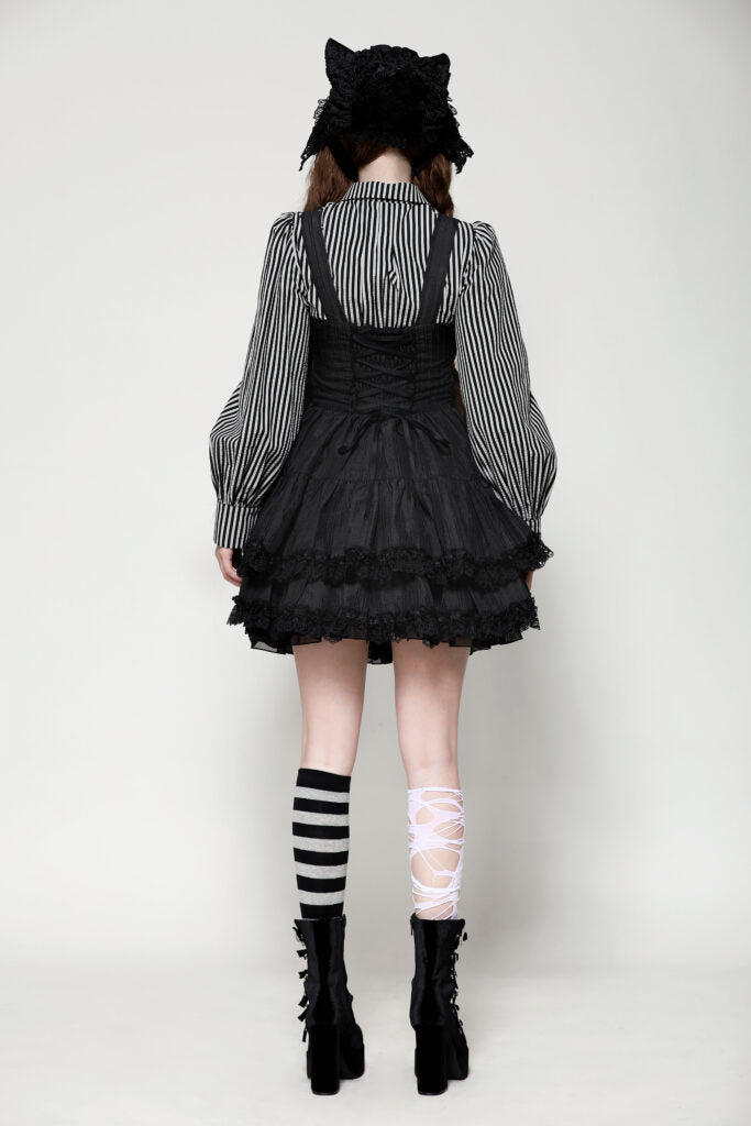 Black Striped Double Breasted Ruffle Dress