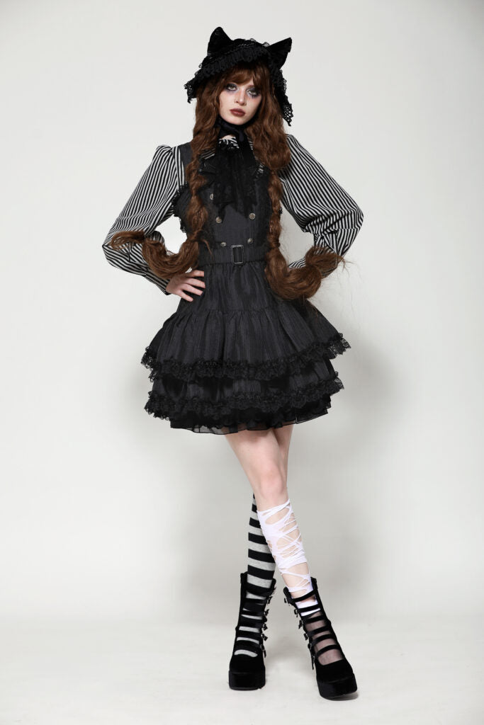 Black Striped Double Breasted Ruffle Dress